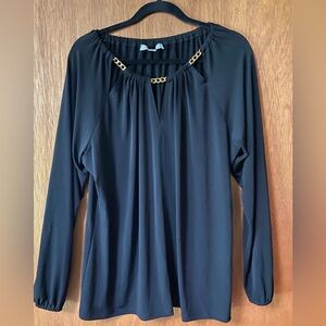 Michael Kors Black Long-Sleeve Top with Triangle Cut-Outs and Gold Chain Accents